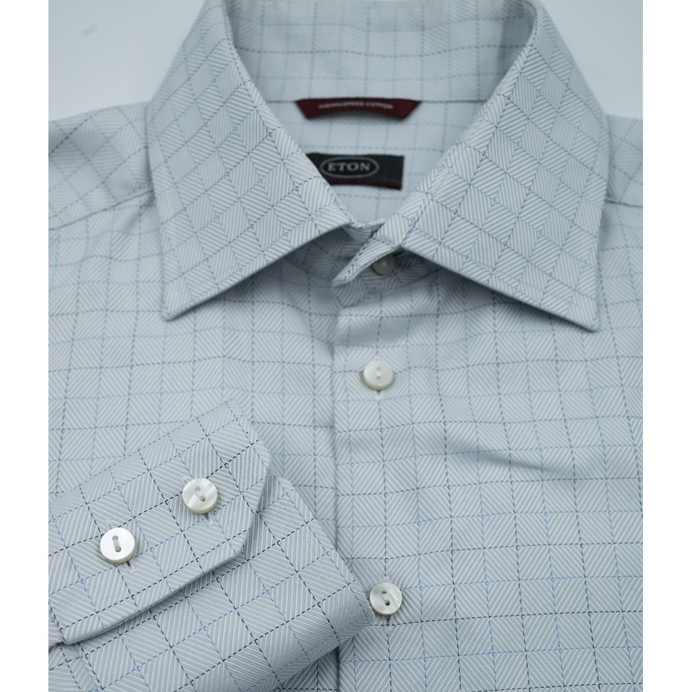 Eton Mens Wrinkle Free Cotton Dress Shirt Blue Herringbone Geometric 17x36